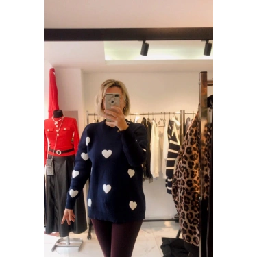 Kalp Desenli Lacivert Triko