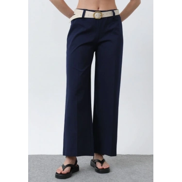 Kemerli Geniş Paça Lacivert Pantolon
