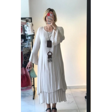 Krem Katmanlı Uzun Elbise