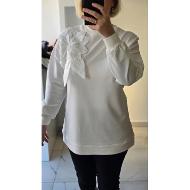 Kumaş Çiçekli Beyaz Sweatshirt