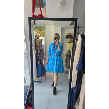 Mavi Kemerli Kloş Elbise