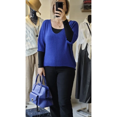 Mavi Örgü V Yaka Triko