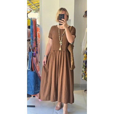 Örgü Detaylı Kahverengi Maxi Elbise