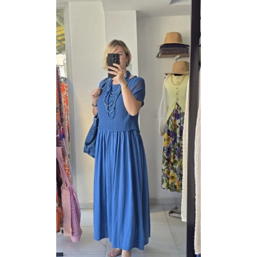 Örgü Detaylı Mavi Maxi Elbise