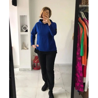 Saks Mavi Siyah Kapüşonlu Sweat Takım