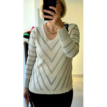 Simli Çizgili V Yaka Kazak