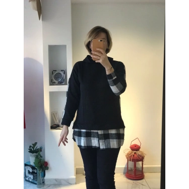 Siyah Ekose Detaylı Katmanlı Sweatshirt