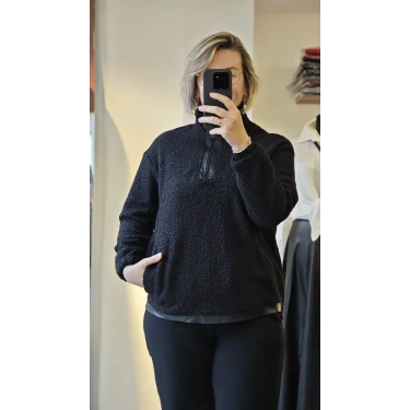 Siyah Peluş Yarım Fermuarlı Kazak