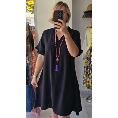 Siyah V Yaka Kısa Kollu Kloş Elbise