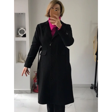 Uzun Siyah Kuşaklı Kaşe Kaban