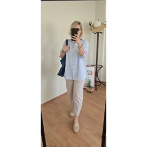 Mavi Çizgili Pembe Detaylı Gömlek