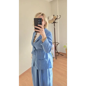 Mavi Beli Bağlamalı Keten Ceket