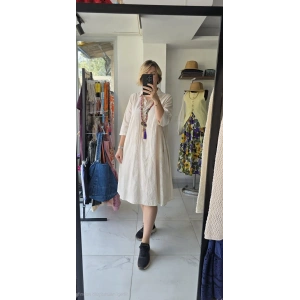 Açık Bej Kısa Kollu Gömlek Elbise