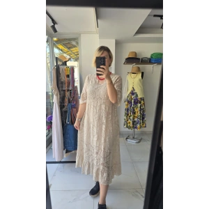 Bej Örme Üst Detaylı Maxi Elbise