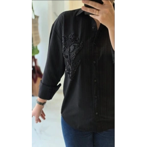 Boncuk İşlemeli Siyah Gömlek
