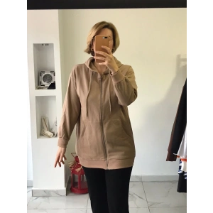 Camel Rengi Fermuarlı Kapüşonlu Hırka