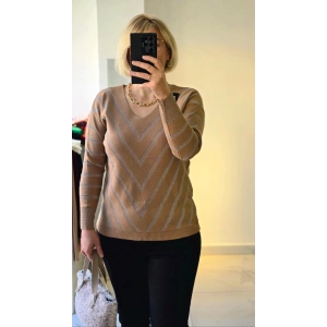 Camel V Yaka Çizgili Triko