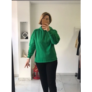 Canlı Yeşil Dikiş Detaylı Kapüşonlu Sweatshirt