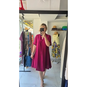 Fuşya V Yaka Kloş Elbise