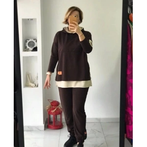 Kahve Krem Kapüşonlu Sweat Takım