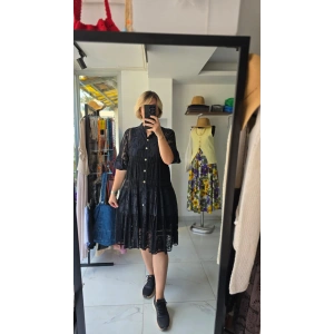 Kahverengi Ajur İşlemeli Midi Elbise