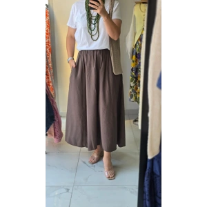 Kahverengi Lastikli Midi Kloş Etek