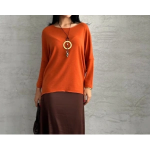 Kiremit Rengi Kayık Yaka Salaş Bluz