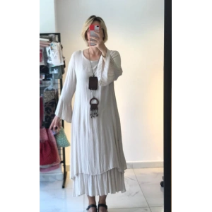 Krem Katmanlı Uzun Elbise