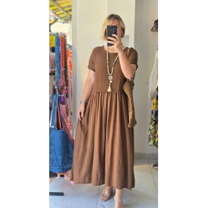 Örgü Detaylı Kahverengi Maxi Elbise
