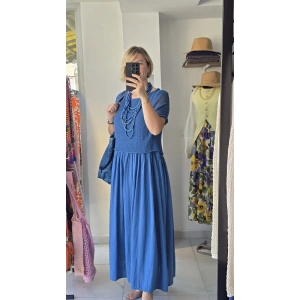 Örgü Detaylı Mavi Maxi Elbise