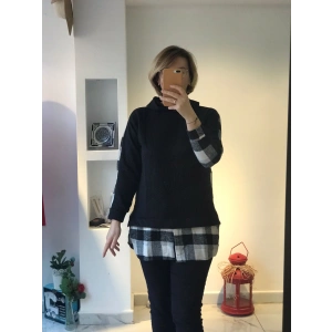 Siyah Ekose Detaylı Katmanlı Sweatshirt