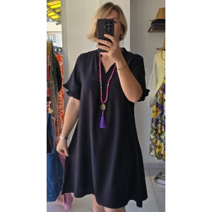 Siyah V Yaka Kısa Kollu Kloş Elbise