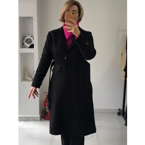 Uzun Siyah Kuşaklı Kaşe Kaban