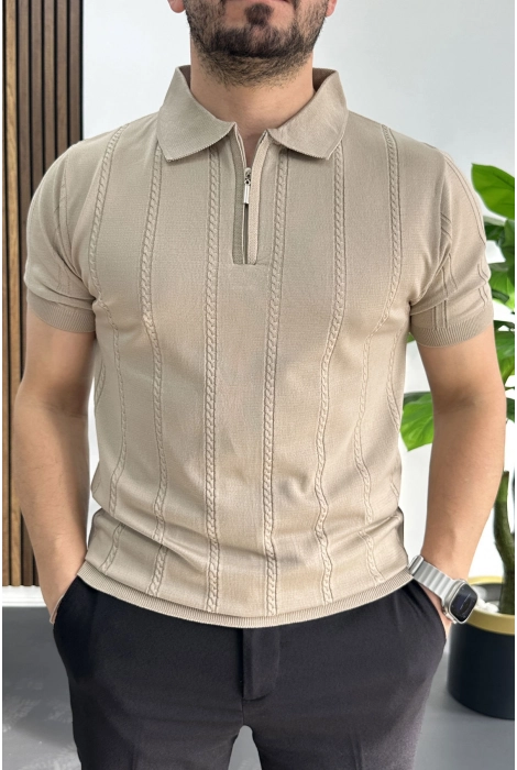 Erkek Desenli Polo Yaka Tişört Vizon Edw457