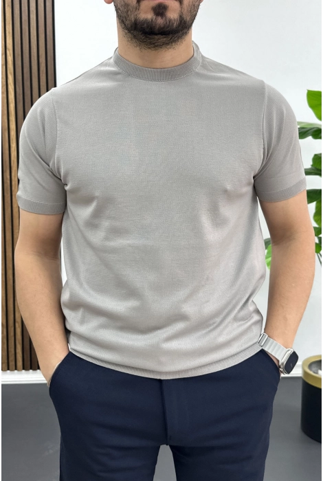 Erkek Düz Desen Bisiklet Yaka Tişört Gri Edw459