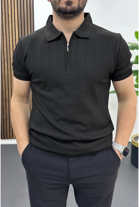 Erkek Nokta Desenli Polo Yaka Tişört Siyah Edw462