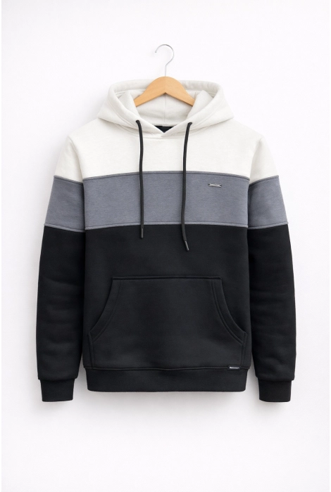 Erkek Slim Fit Renk Bloklu Kapüşonlu Sweatshirt Beyaz Edw438