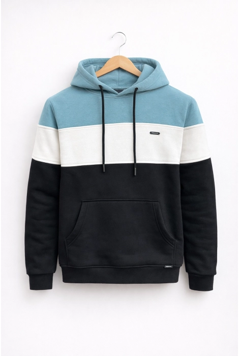 Erkek Slim Fit Renk Bloklu Kapüşonlu Sweatshirt Açık Mavi Edw438
