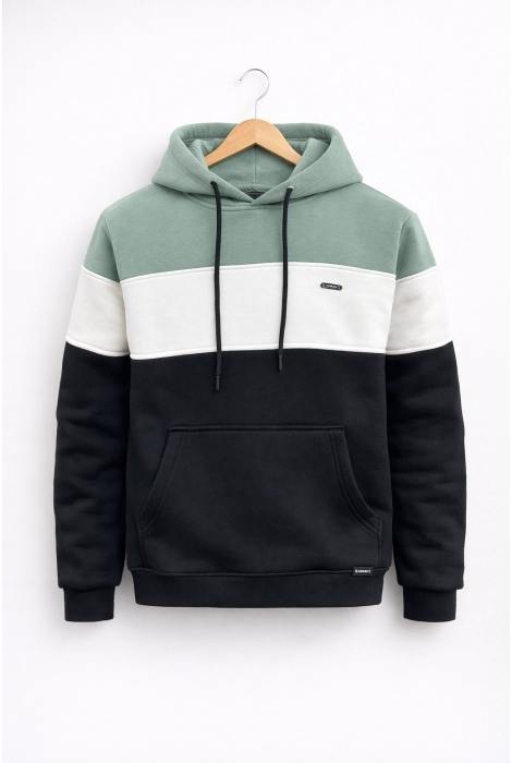 Erkek Slim Fit Renk Bloklu Kapüşonlu Sweatshirt Açık Yeşil Edw438