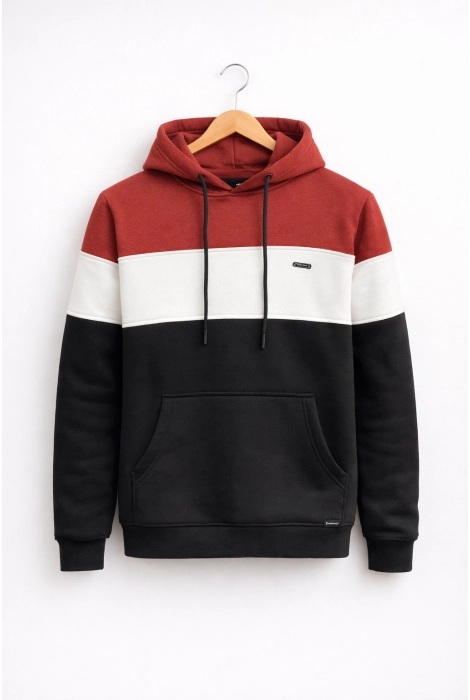 Erkek Slim Fit Renk Bloklu Kapüşonlu Sweatshirt Kırmızı Edw438
