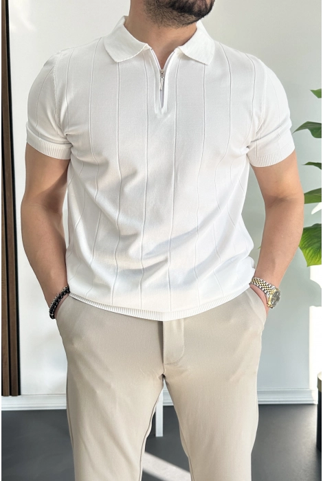 Erkek Slim Fit Fermuarlı Polo Yaka Tişört Beyaz Edw452