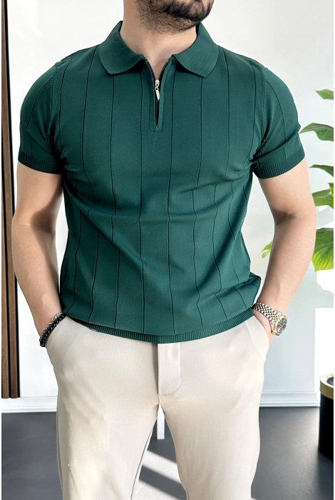 Erkek Slim Fit Fermuarlı Polo Yaka Tişört Yeşil Edw452