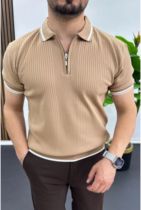 Erkek Polo Yaka Çizgili Tişört Açık Kahverengi Edw472