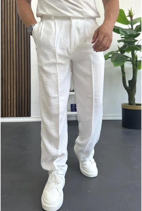 Erkek Beli Düğmeli Rahat Kalıp Yazlık Pantolon Beyaz Edw393