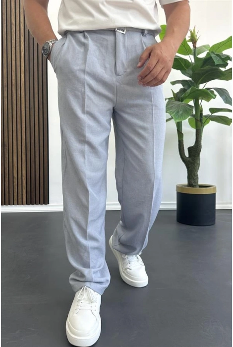 Erkek Beli Düğmeli Rahat Kalıp Yazlık Pantolon Mavi Edw393