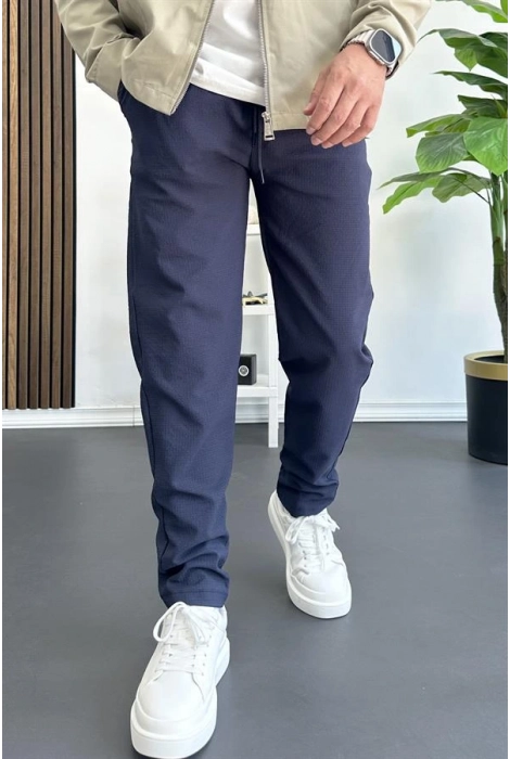 Erkek Beli Lastikli Gofre Kumaş Jogger Pantolon Lacivert Edw358