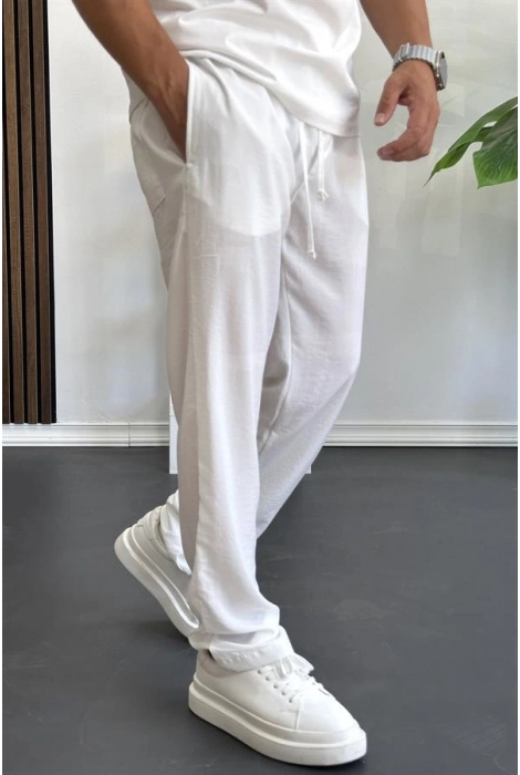 Erkek Beli Lastikli Modal Kumaş Rahat Kesim Pantolon Beyaz Edw396