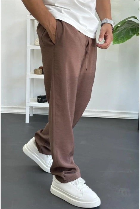 Erkek Beli Lastikli Modal Kumaş Rahat Kesim Pantolon Kahverengi Edw396