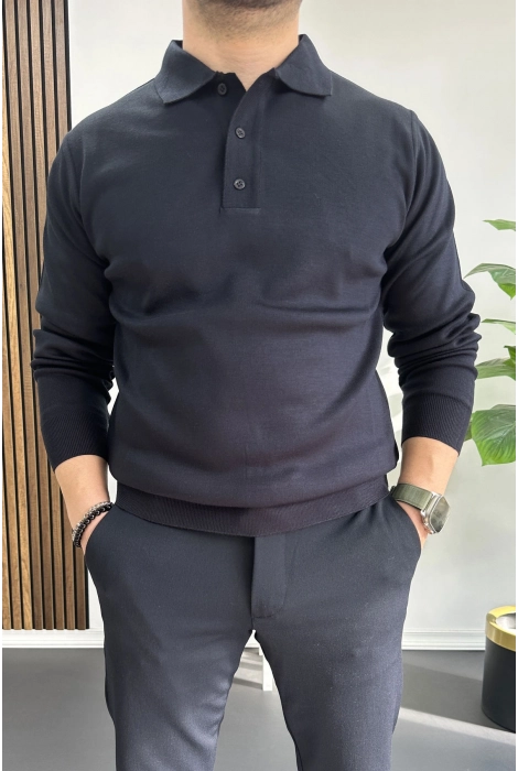 Erkek Düğmeli Polo Yaka Kazak Lacivert Edw231