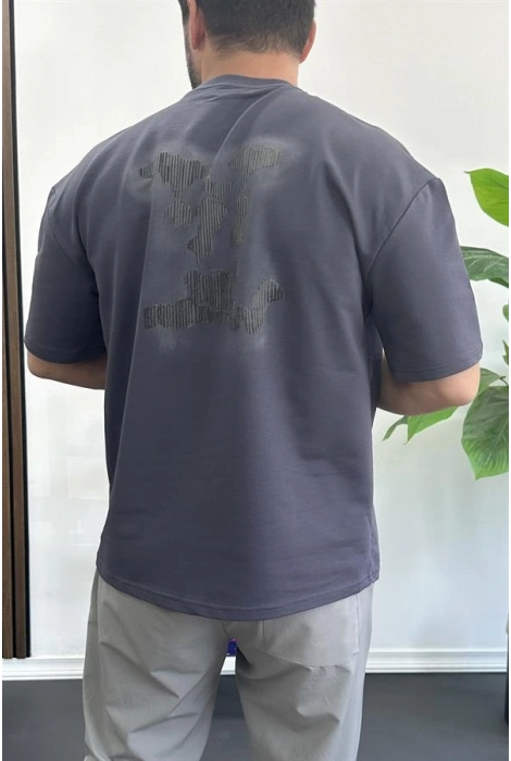 Erkek Kabartmalı Sırt Baskılı Oversize Tişört Füme Edw390